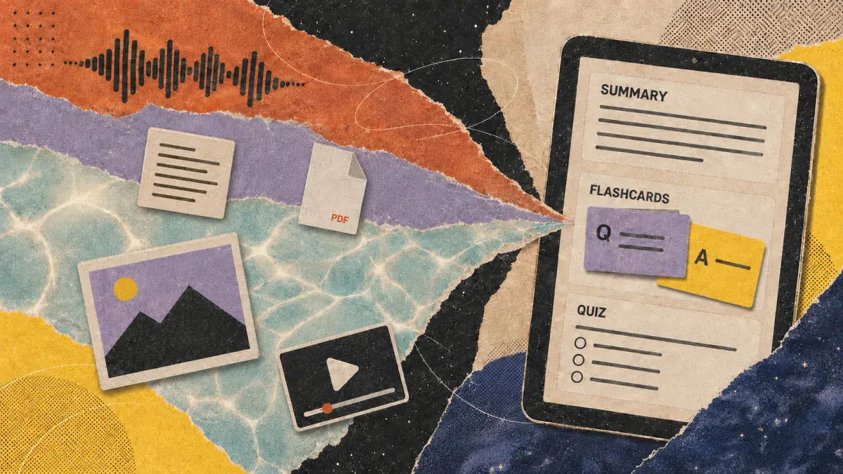 Collage of readings, audio, PDFs and video turning into notes, flashcards and quizzes
